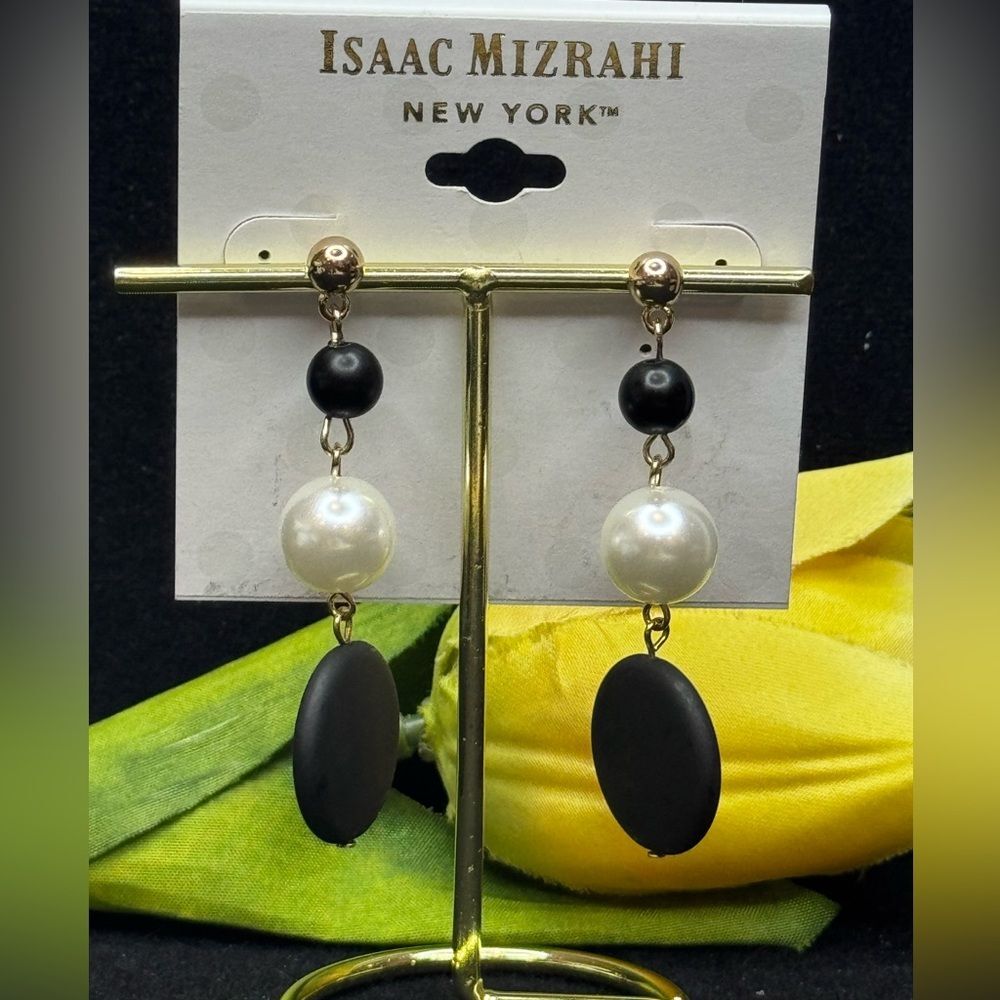 NWT Isaac Mizrahi Gold Tone Black White Faux Pearl Statement Drop Earrings 2.5"